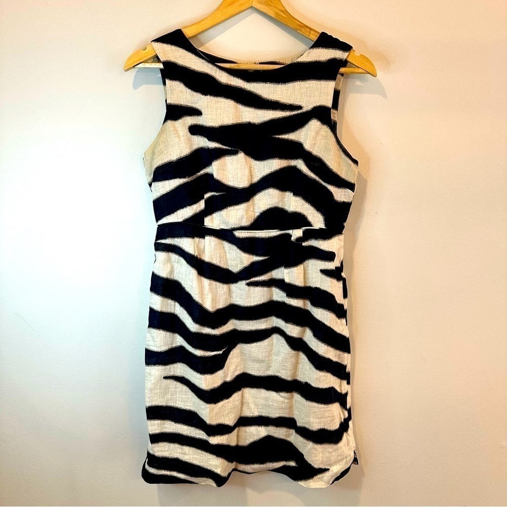 Banana Republic Linen Animal Print A‎ Line Dress Stripes Black Ivory 6P